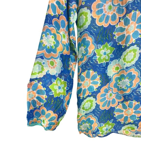 Bella Tu Top Wmns Sz XS Blue Floral V-Neck Beaded Collar Slit Side Pool Coverup - Picture 6 of 12